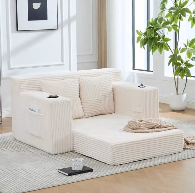 Pouf divano moderno 151x133x64 cm in corduroy beige con tasche laterali e cuscini