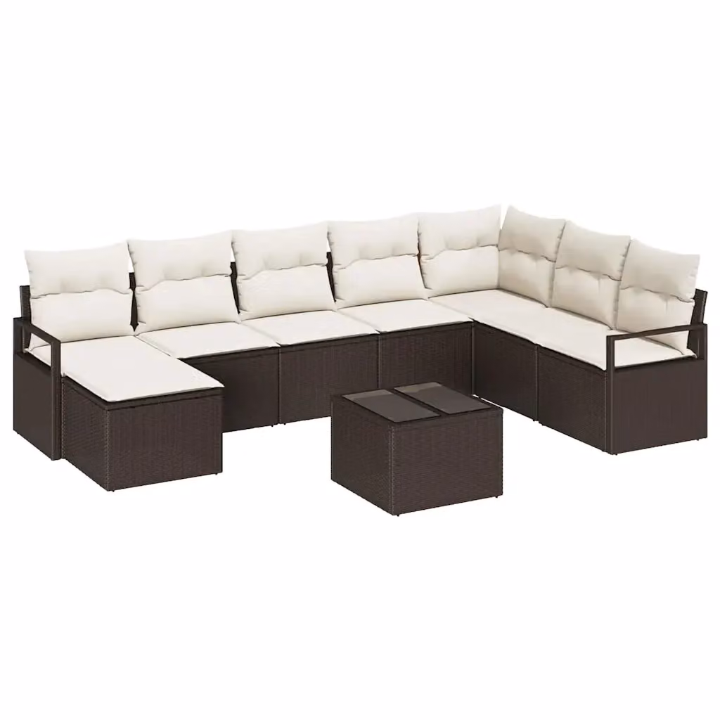 Set di divani da giardino vidaXL in polyrattan marrone con cuscini, componibile a L con tavolino e pouf, 9 pezzi – 2