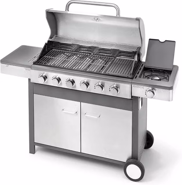 Barbecue a Gas GPL Ompagrill Indianapolis 7/B in Acciaio Inox Color Argento con 6 Fuochi, Fornello Laterale, Griglia di Riscaldamento e Ruote