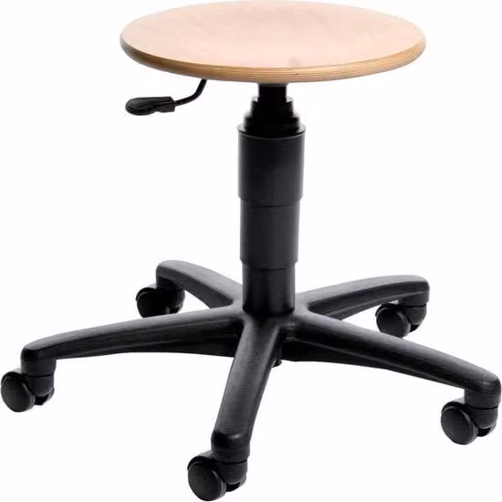 Sedia da lavoro girevole con poggiapiedi e ruote in legno di faggio e plastica, disponibile in bianco o nero