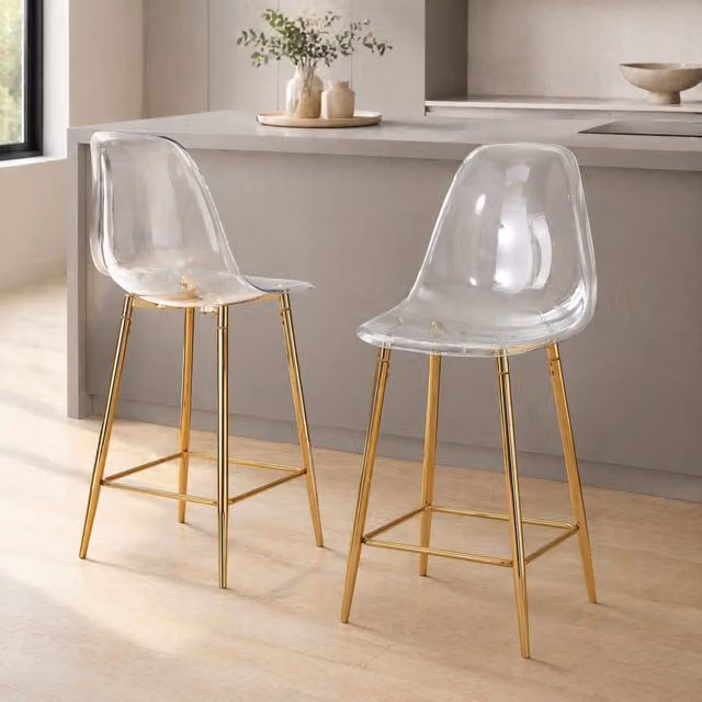 Set di 2 sgabelli da bar Mivray moderni in plastica trasparente con struttura in metallo dorata per cucina, sala da pranzo e soggiorno