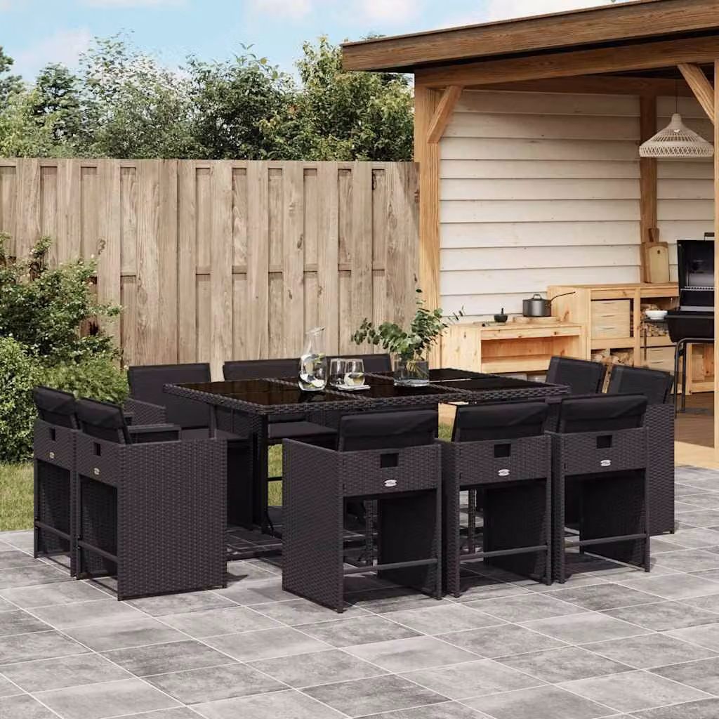 vidaXL Set da Pranzo da Giardino 11 pz in Polyrattan Nero con Cuscini e Tavolo in Vetro – 1