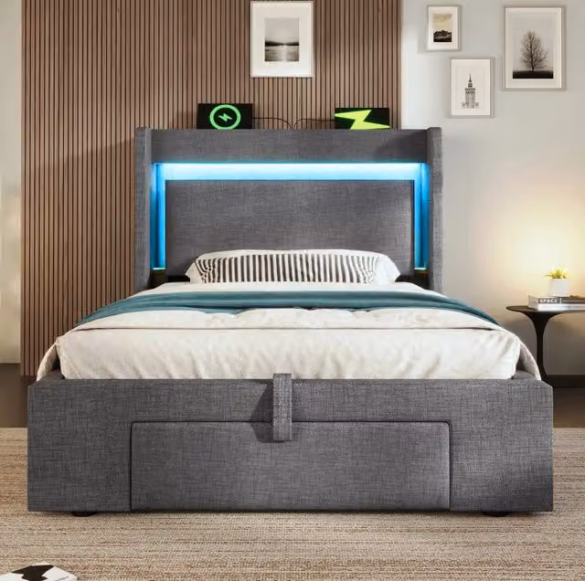 Letto singolo contenitore 90x200 cm con materasso, LED e ricarica USB/USB-C grigio HAVRYA