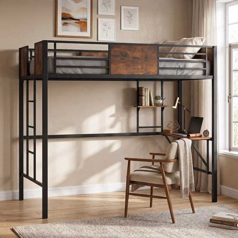 Letto a soppalco salvaspazio Costway in metallo nero con scrivania, libreria e scala a 3 gradini in stile industriale