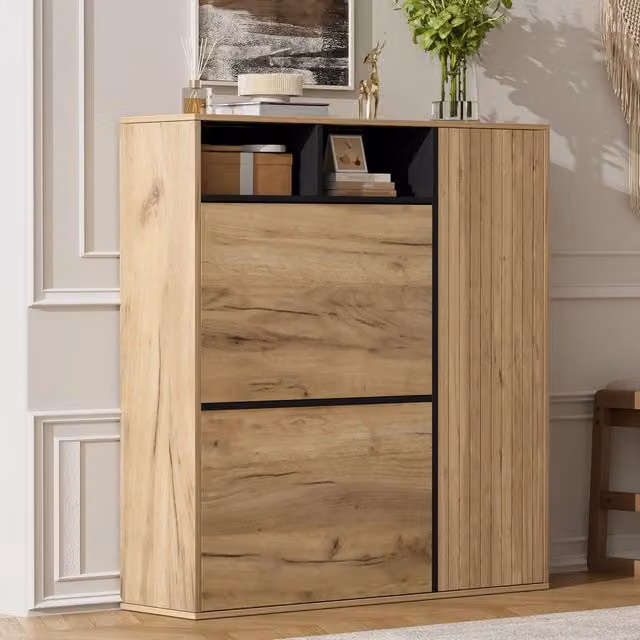 Desviae Scarpiera salvaspazio con 2 ribalte 1 anta e ripiani regolabili in MDF e truciolare naturale e nero 90 × 24 × 94 cm