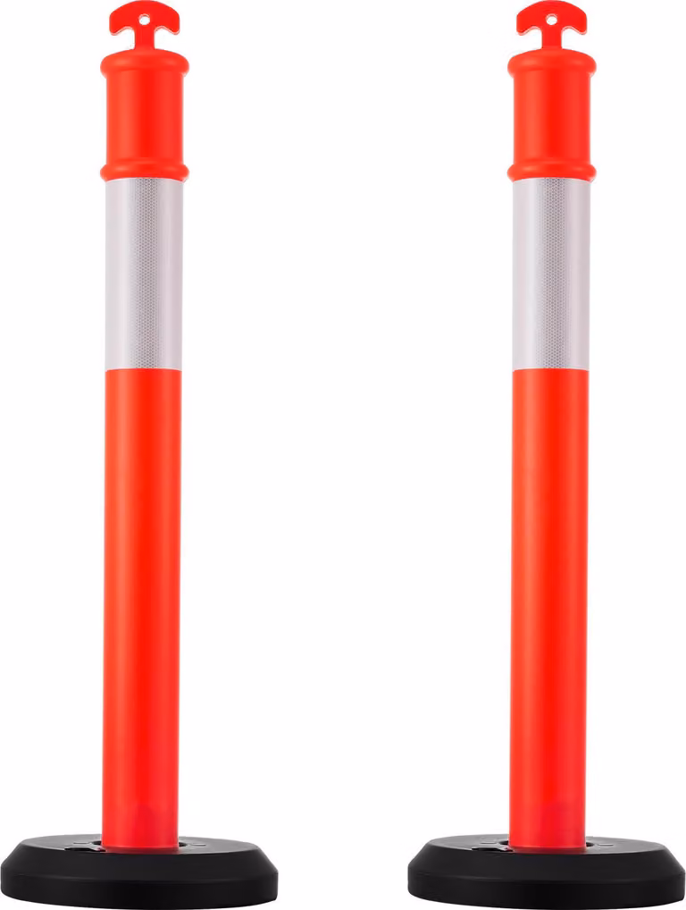 SucceBuy Set di 2 paletti di segnalazione per il traffico (114 cm) con base riempibile e strisce riflettenti, paletti di segnalazione per cantieri, parcheggi e barriere di controllo della folla, rosso