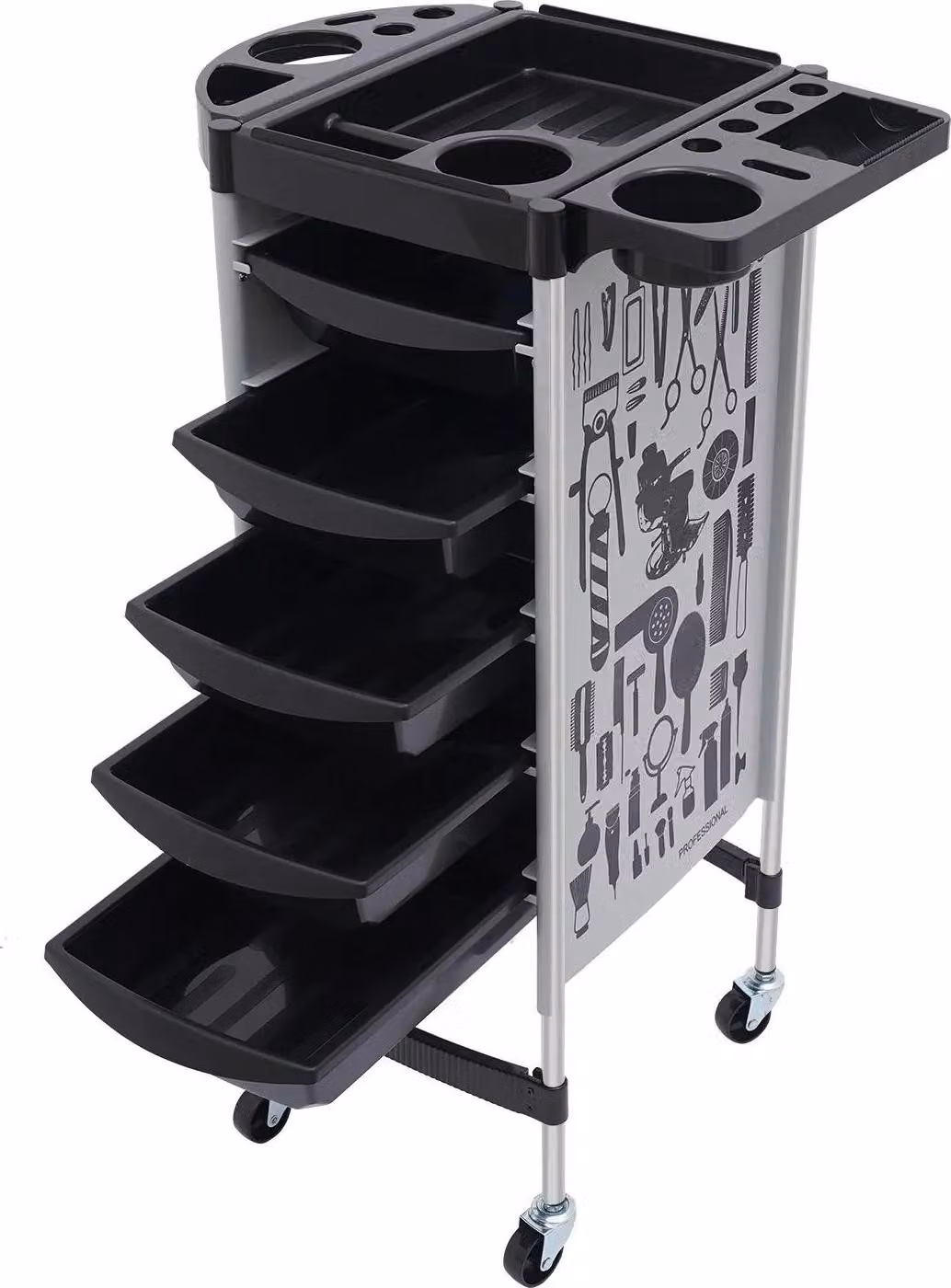 Carrello da parrucchiere - Carrello da parrucchiere - 5 cassetti - 6 ripiani - 4 rotelle - PP e acciaio inossidabile - Modello da appoggio - Nero o grigio-bianco