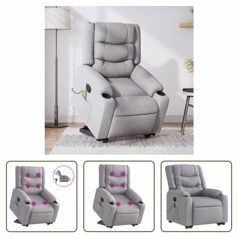 The Living Store Poltrona massaggiante elettrica con ausilio per la posizione eretta Tessuto grigio chiaro