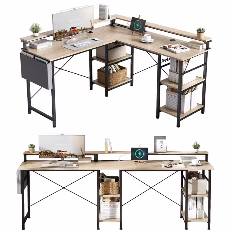 Scrivania gaming regolabile in altezza Zimilo con ripiano, 140x140 cm, scrivania a forma di L per computer con LED, prese di corrente, USB, tasca in tessuto, color beige
