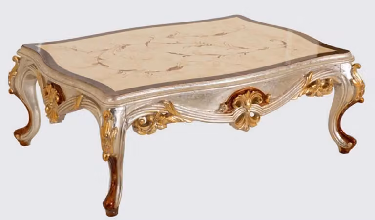 Casa Padrino tavolino barocco crema / argento / marrone / oro 125 x 90 x h. 45 cm - Tavolino da salotto in legno massiccio fatto a mano in stile barocco - Mobili barocchi