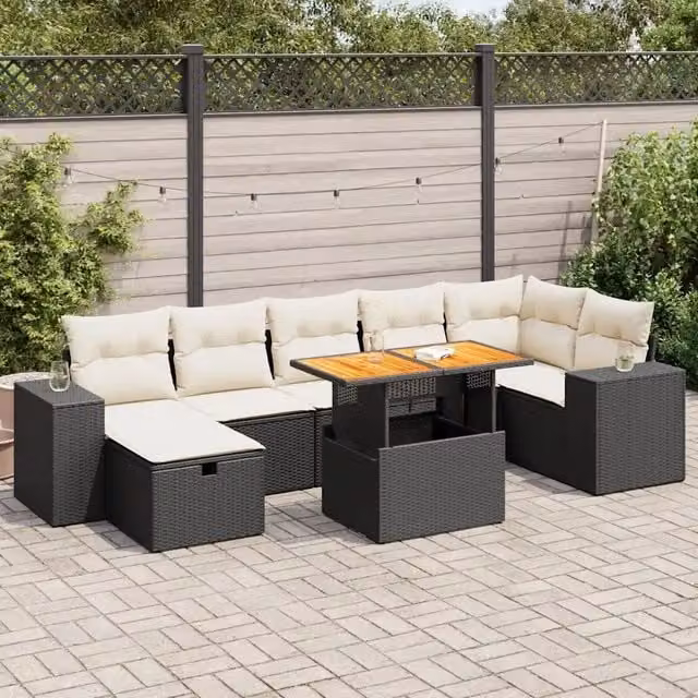 Set Divani da Giardino 5 pz con Cuscini Nero Polyrattan Acacia 3328092