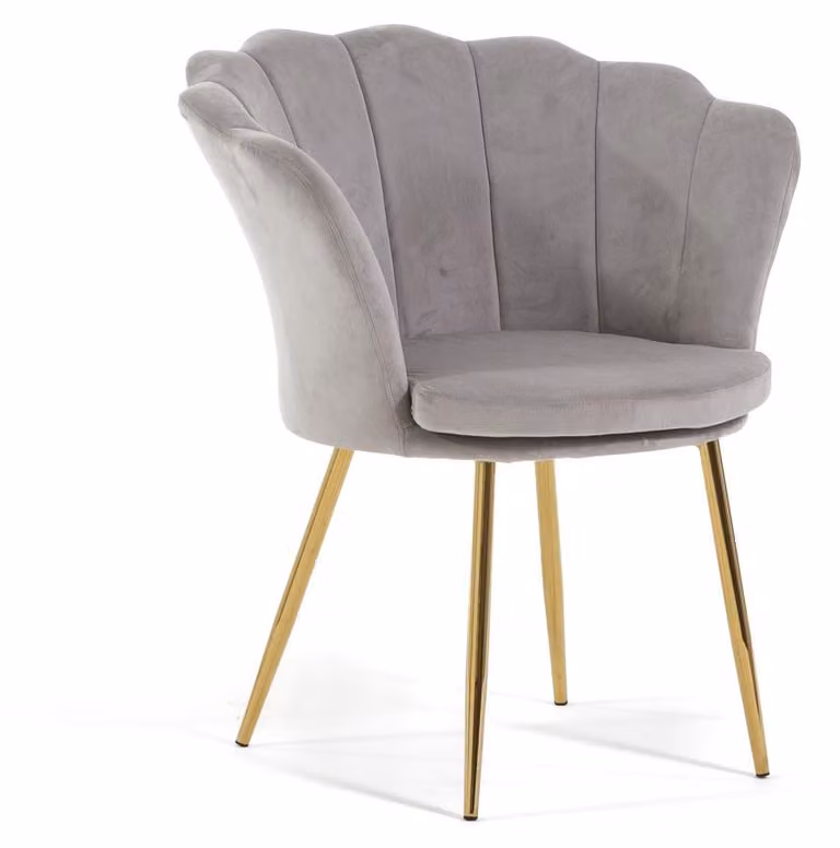 Sedia in velluto SHELLY a forma di conchiglia con seduta imbottita e gambe in metallo dorato, design elegante e raffinato - grigio chiaro/oro