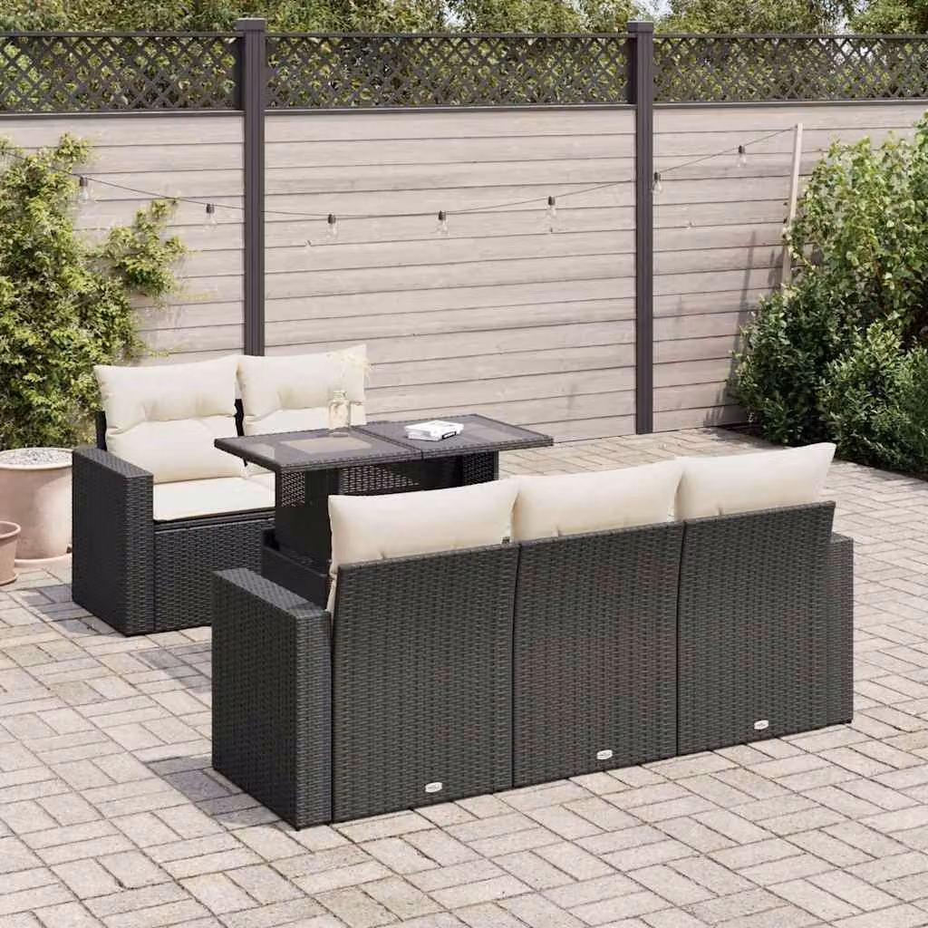 Set Divano da Giardino vidaXL 6 pz in Polyrattan con Cuscini e Tavolino, Design Moderno a L, Nero e Bianco