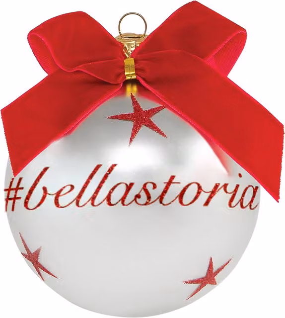 Pallina di Natale Kasanova in vetro con scritta bellastoria, colori argento, rosso e bianco, diametro: 10 cm