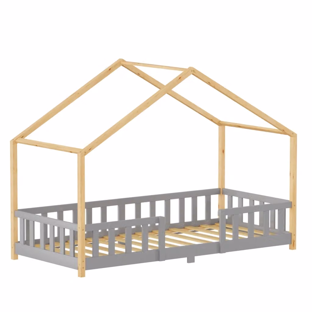 Letto per cameretta Treviolo en.casa a forma di casetta in stile Montessori, legno di pino, Grigio Chiaro/Naturale, L/P/H: 200 x 90 x 138 cm – 2