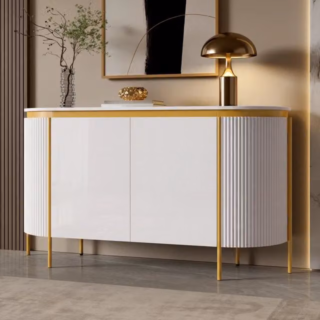 Desviae Credenza ovale a 4 ante senza maniglie con ripiano interno in MDF bianco passacavi e piedi in ferro 140 × 38 × 80 cm
