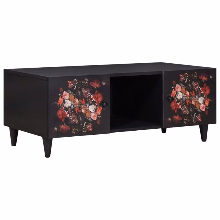 vidaXL Tavolino da salotto moderno in legno di mango con decorazione floreale, Multicolore e Nero, L 100 x P 54 x H 40 cm