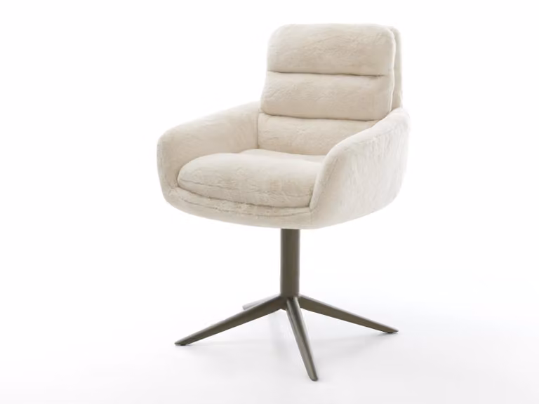DELIFE sedia girevole Abelia-Flex con braccioli peluche bianco panna base effetto titanio funzione dondolo girevole a 360°