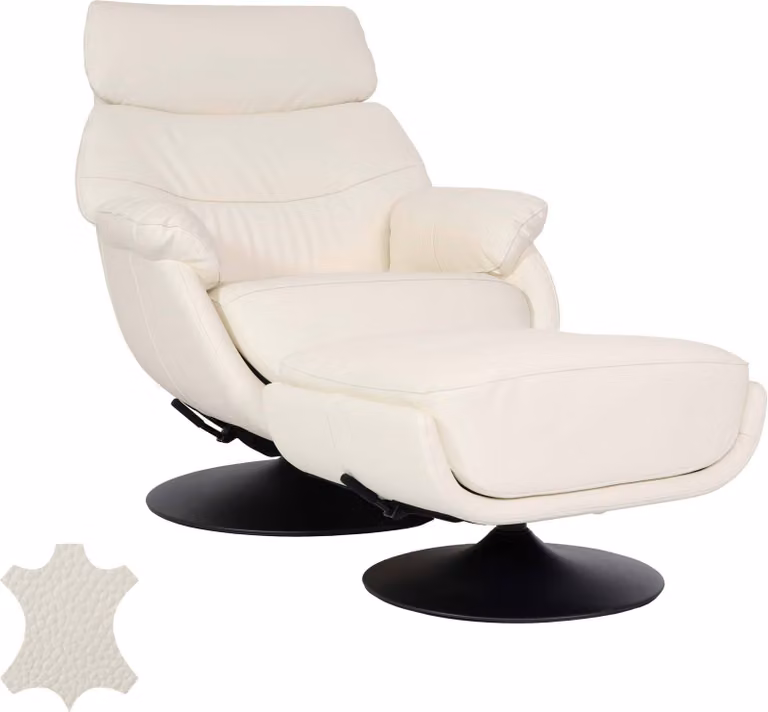 Poltrona relax con sgabello HWC-K99, poltrona TV, funzione dondolo girevole, metallo vera pelle/artificiale ~ bianco panna