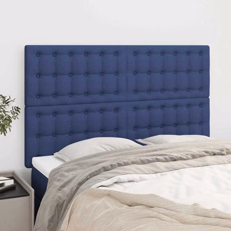 Testiera per letto vidaXL in tessuto blu con struttura in legno e MDF, L: 144 cm, P: 5 cm, H: 118-128 cm