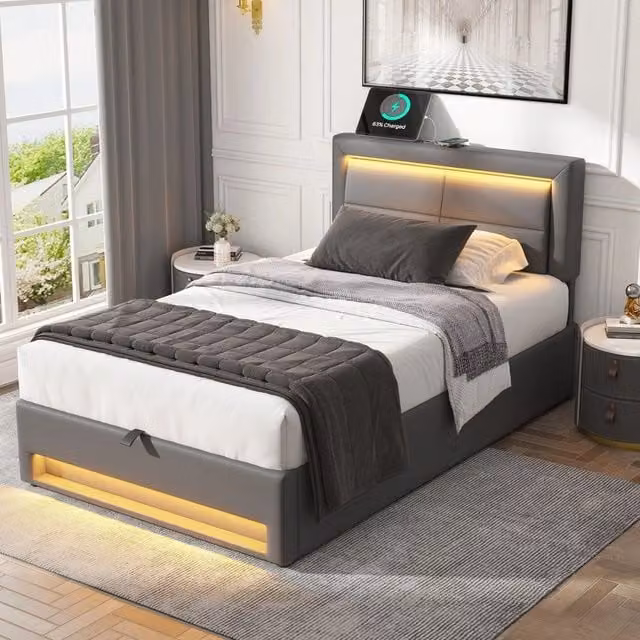 Letto Imbottito Singolo con LED, USB e Contenitore ¨C MINIMAL ¨C Grigio, 90x200 cm
