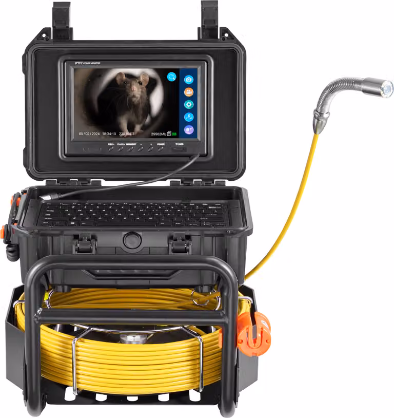 Telecamera per fognature SucceBuy, lunghezza 230 ft/70 m, telecamera per fognature autolivellante con trasmettitore da 512 Hz, contatore di distanza, schermo da 9 pollici, telecamera per tubi serpenti HD 1080P