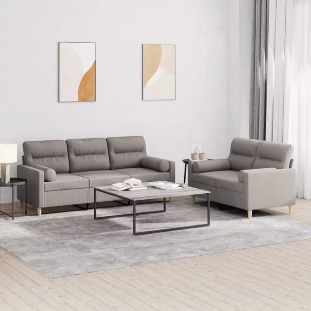 Set di Divani vidaXL da Soggiorno in Tessuto con Cuscini, 1 Divano a 2 Posti e 1 Divano a 3 Posti, Grigio e Beige – 1
