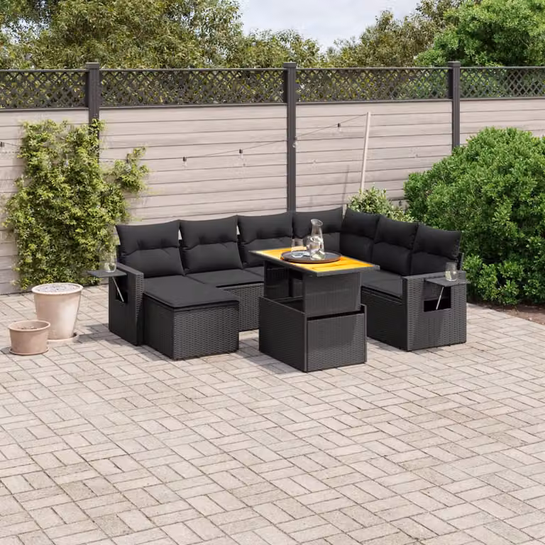 vidaXL Set Divani da Giardino a L in Polyrattan Nero con Cuscini e Tavolino da Esterno 8 pz