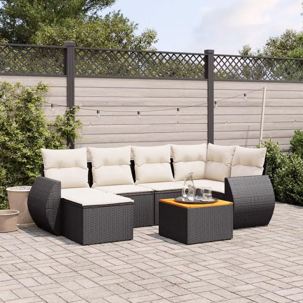vidaXL Set Divani da Giardino a L con Cuscini 7pz in Polyrattan Nero e Telaio in Metallo – 1