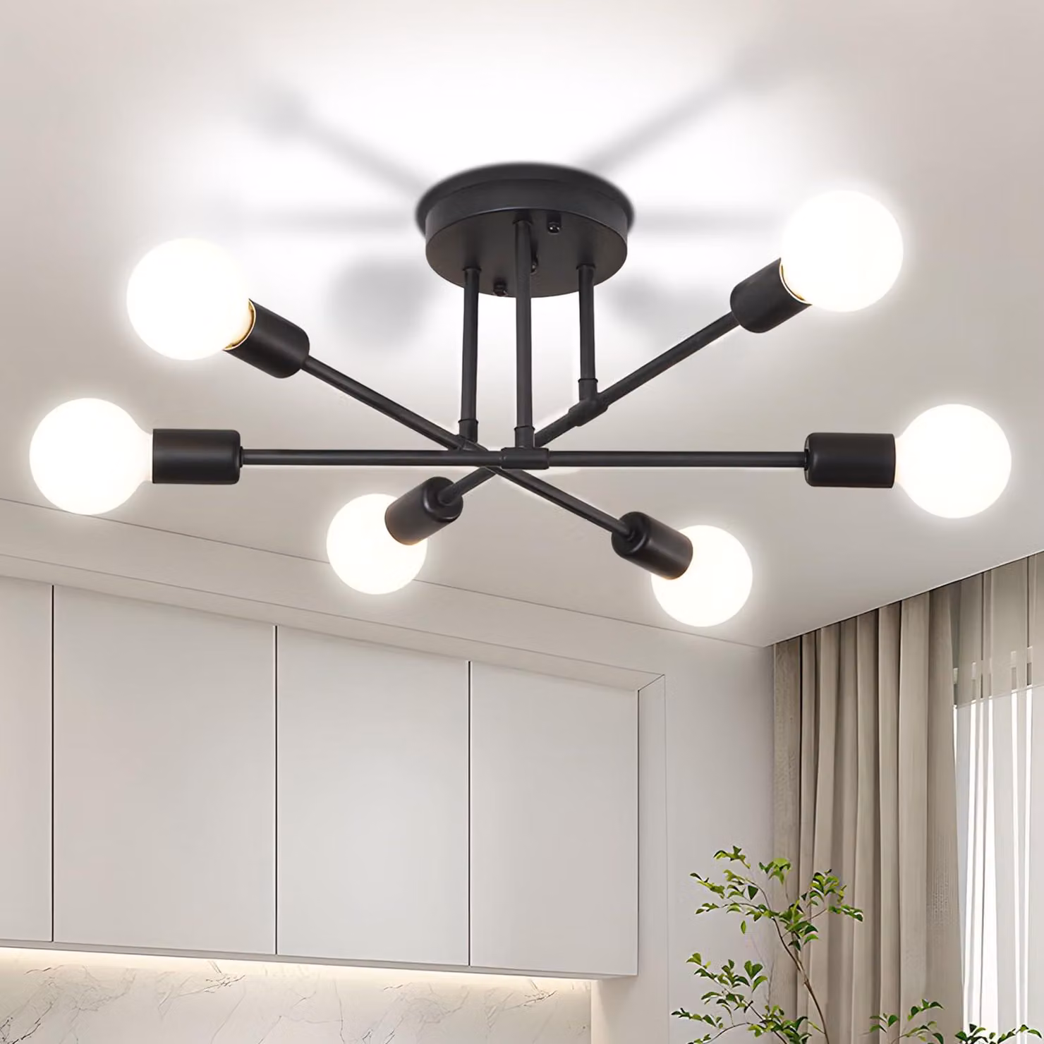 Lampada a sospensione moderna Sputnik, 6 luci, attacco E27 - Lampadario retrò in metallo per soggiorno, camera da letto, studio, caffè, ristorante - Nero, 60W, 54cm