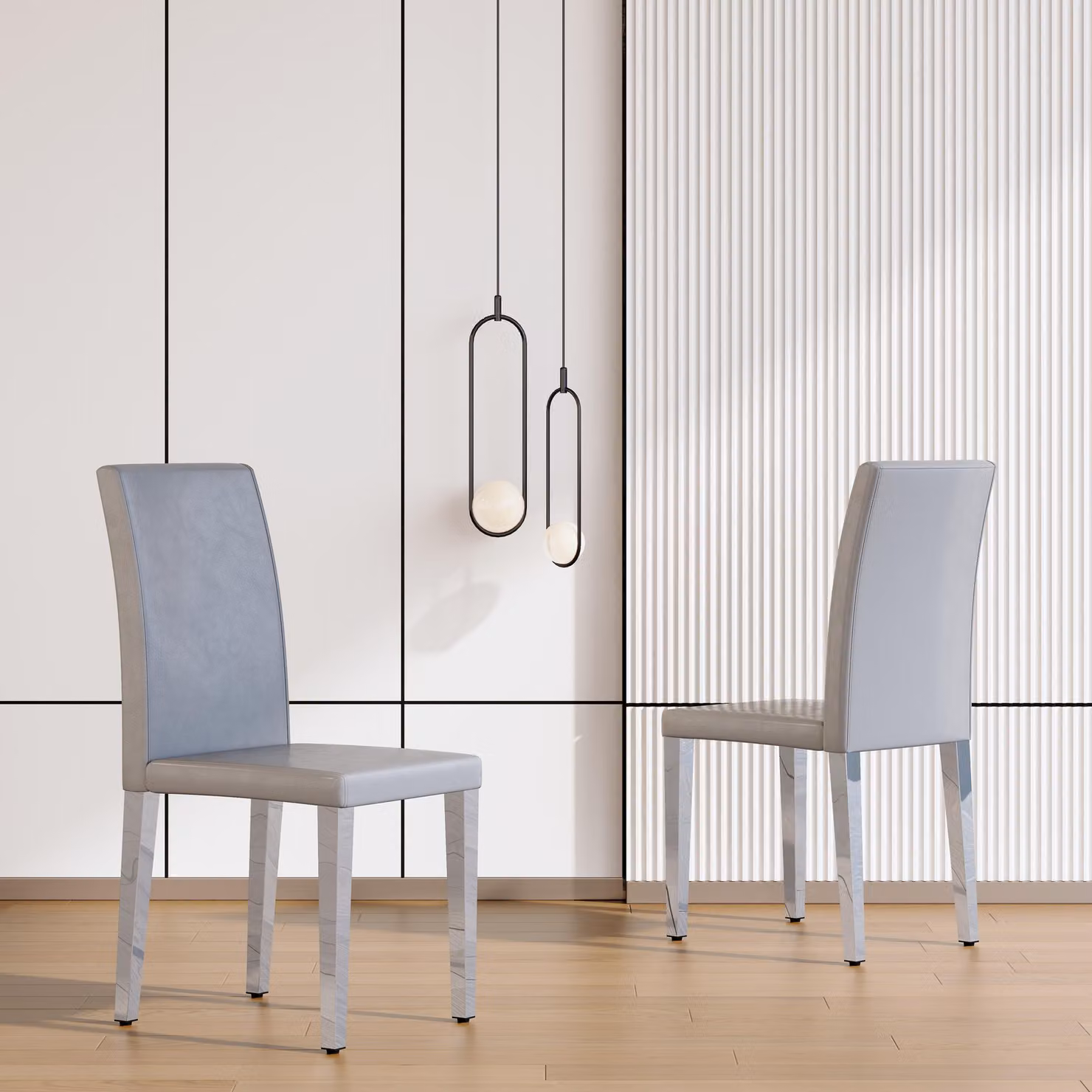 Set di 2 sedie da pranzo, design minimalista, rivestite in ecopelle, struttura in metallo (grigio chiaro, argento)