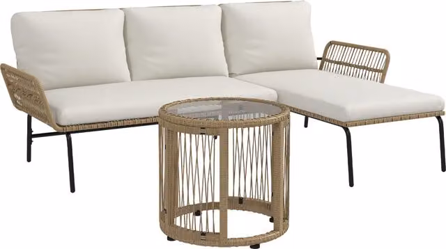 Set da giardino angolare Outsunny Aosom composto da divano a 3 posti, chaise longue, tavolino e cuscini in resina intrecciata color crema e beige
