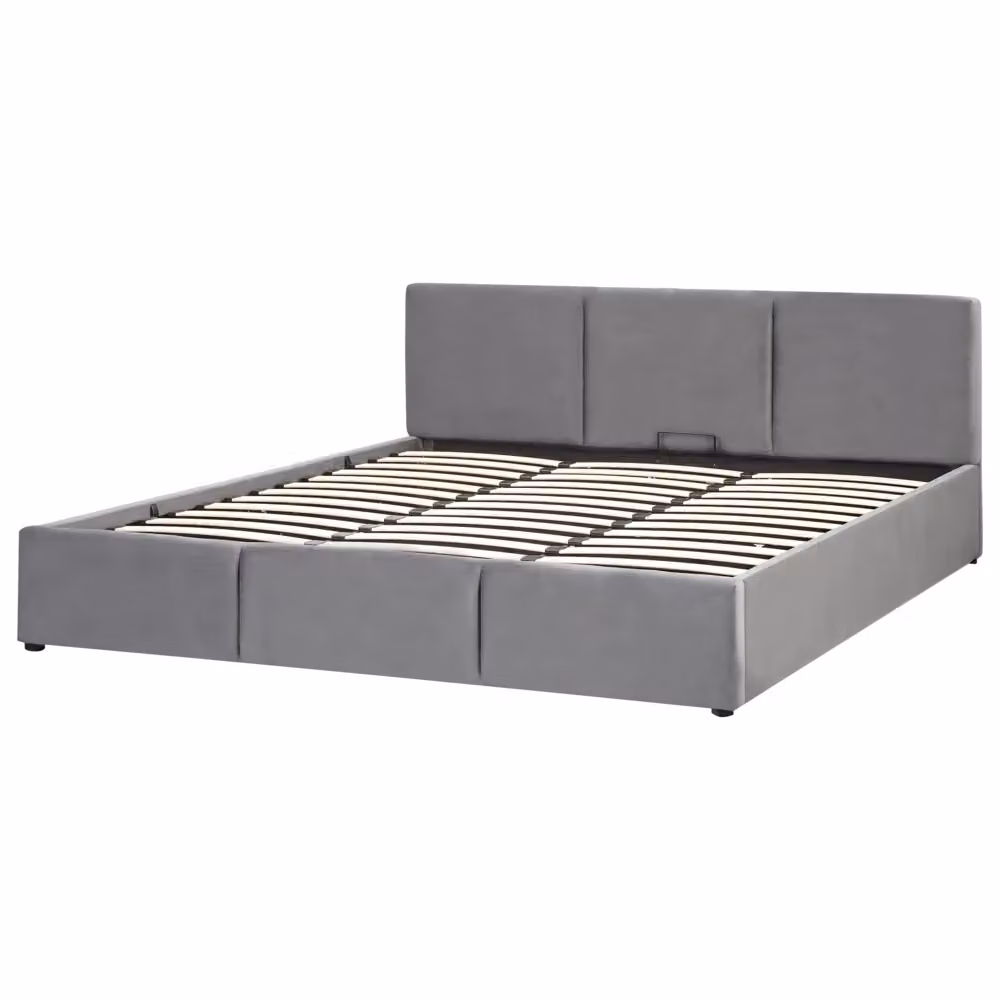 Letto Ottomano Beliani in Velluto Grigio con Contenitore e Testiera Imbottita L/P/H: 180 x 200 x 191 cm – 2