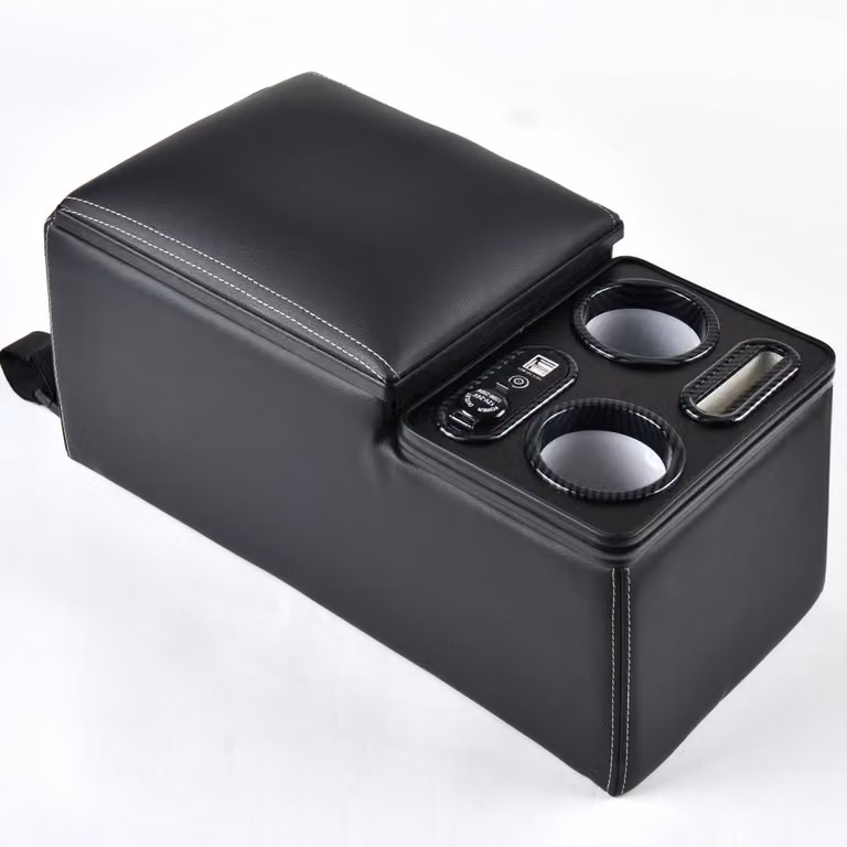 Organizzatore per console centrale dell'auto, con bracciolo, scatola portaoggetti nera, dotata di 2 portabicchieri e funzione di ricarica wireless