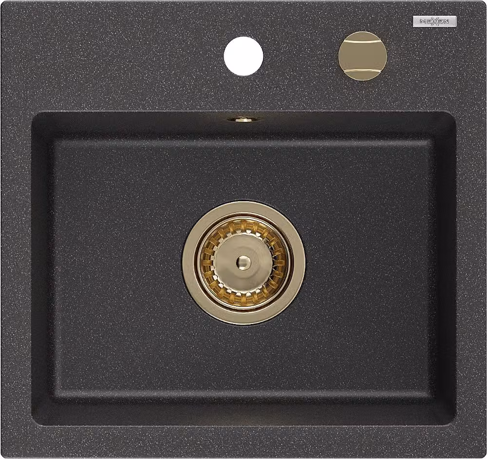 Mexen Milo lavello in granito 1-vasca 435 x 410 mm, nero maculato, sifone dorato - 6505441000-76-G