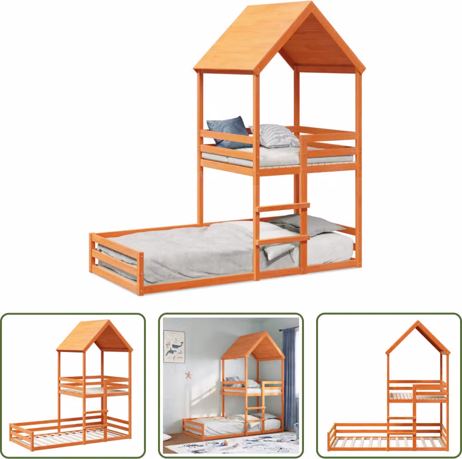 The Living Store Letto a castello con tetto marrone cera 90x190 cm in legno di pino massiccio