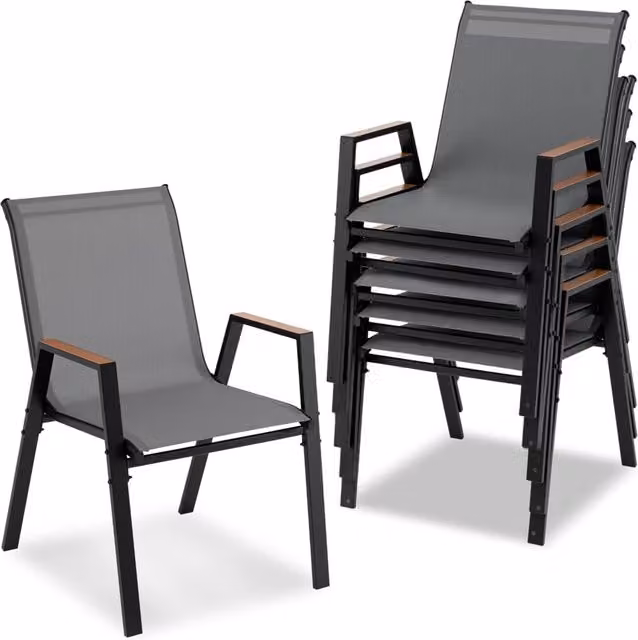Set di 6 sedie da giardino impilabili in tessuto traspirante e acciaio, Poltrone ergonomiche con braccioli portata 180 kg Grigio