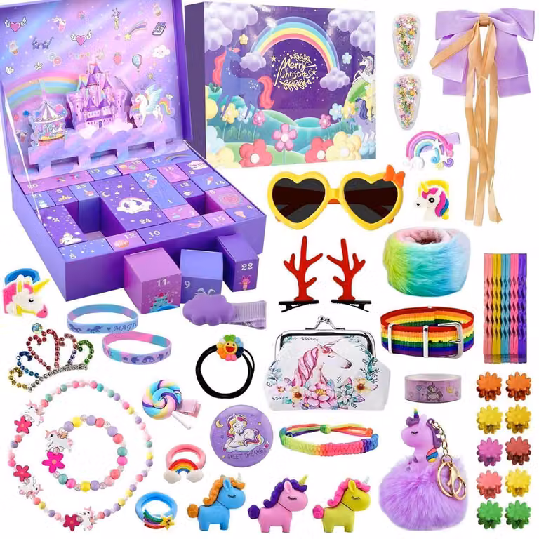 Calendario dell'Avvento a forma di unicorno, 24 giorni, per creare gioielli, ideale per bambine, colore lilla, confezione