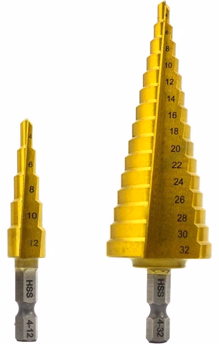 Set di punte da trapano a gradoni, 2 pezzi, in HSS con rivestimento TiN, con centro autosgaffrante, per metallo, plastica, legno e alluminio, da 4 a 32 mm