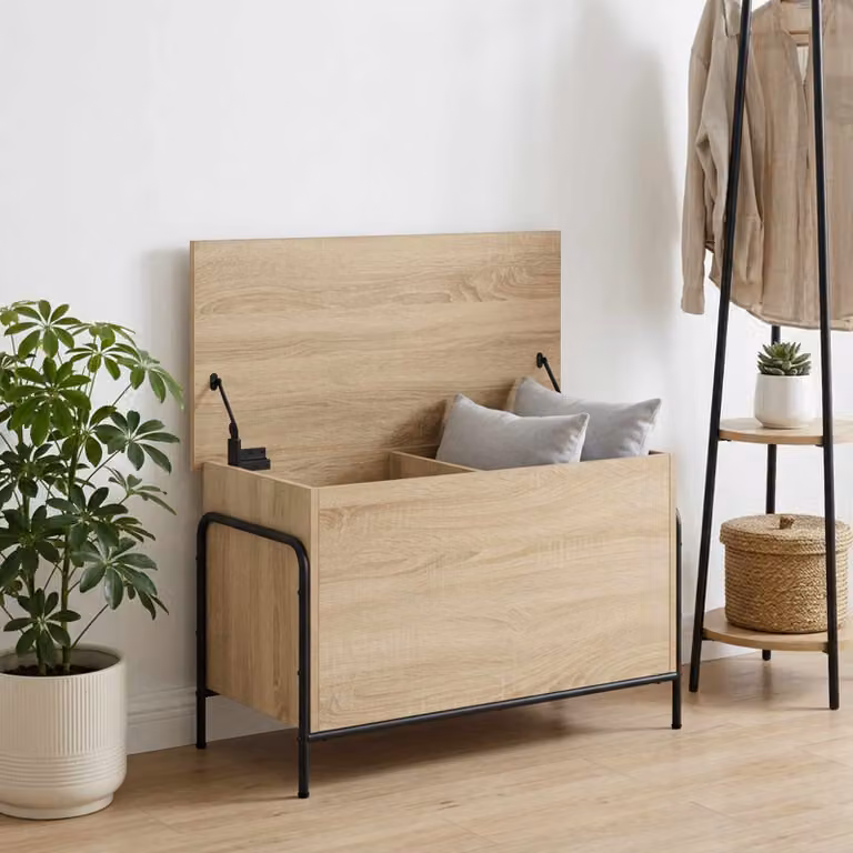 Scatola di stoccaggio moderna vidaXL in MDF e metallo, colore rovere sonoma, L 80 cm x P 40 cm x H 49,5 cm