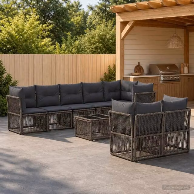 Set Divano da Giardino 9 pz vidaXL Grigio con Tavolino e Cuscini in Polyrattan e Metallo