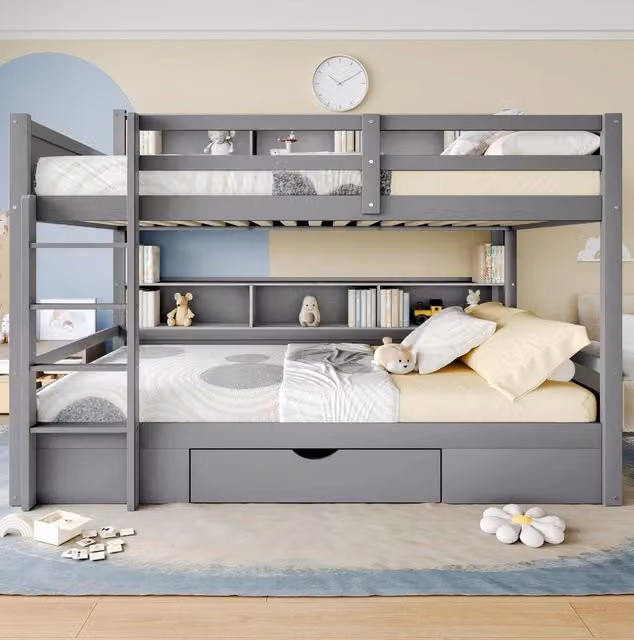 Letto a castello per bambini 90x200 cm in legno massello di pino con cassetti e scomparti, grigio, senza materasso