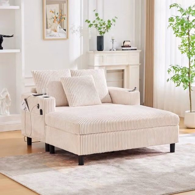 Poltrona relax oversize in velluto a coste beige con USB; portabicchieri e luci LED multicolore; 142x128x85 cm