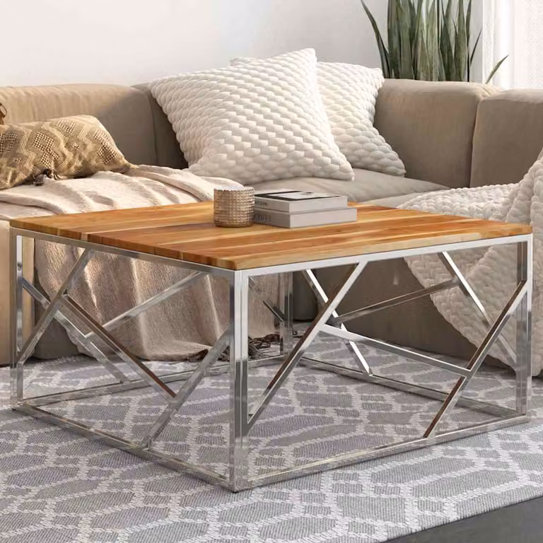 vidaXL Tavolino da Salotto Moderno in Legno di Acacia e Acciaio Inox Argento L: 80 cm, P: 40 cm, H: 40 cm