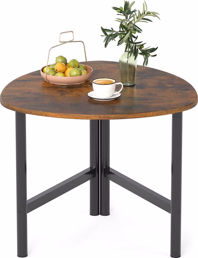 COSTWAY Tavolino triangolare, tavolino da caffè con gambe in metallo, tavolino ausiliario, tavolino da cocktail triangolare con dettagli in legno, marrone rustico e nero
