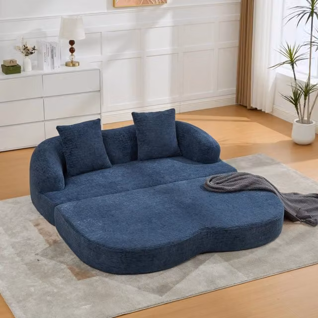 Divano letto 2 posti 157x84x65 cm blu navy, 2 cuscini, ciniglia,