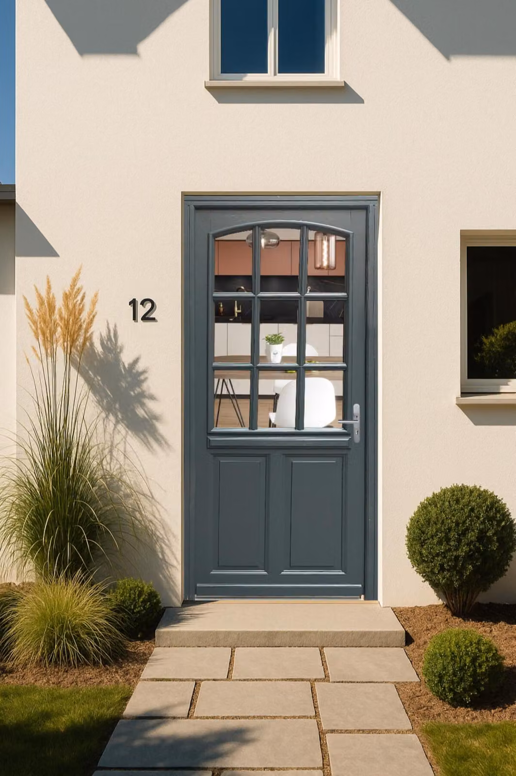 Porta d'ingresso in legno con vetro Alexa grigio antracite, H.215xL.90 cm, lato pannello P. sinistra, GD MENUISERIES