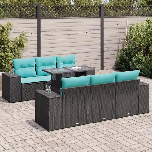 Set Divani da Giardino con Cuscini 7pz Nero Polyrattan Acacia 3326738