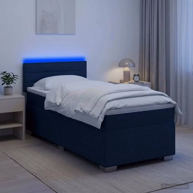 Letto moderno vidaXL con Box Spring, materasso ibrido e illuminazione LED blu, dotato di porta USB e base sollevabile, L/P: 100 x 200 cm, bianco e blu – 1