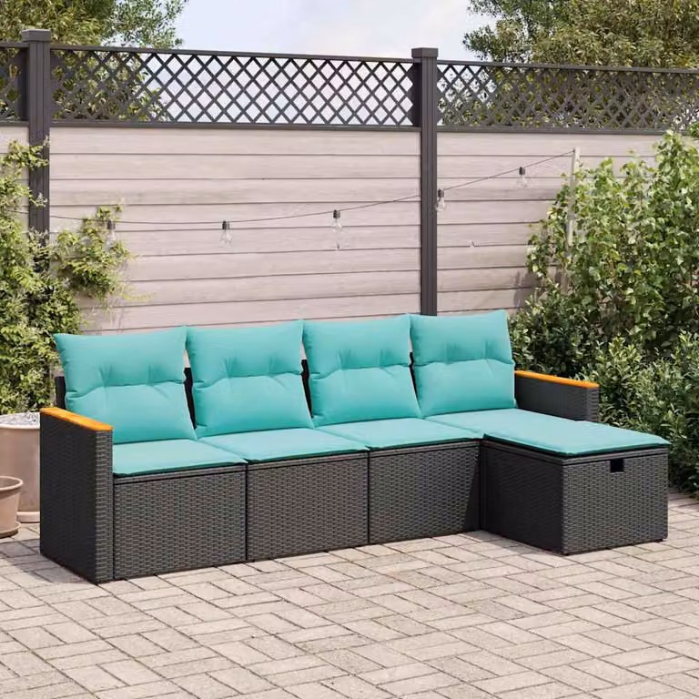 Set Divano da Giardino a L vidaXL 5 Pezzi con Cuscini Blu e Nero in Polyrattan e Acciaio
